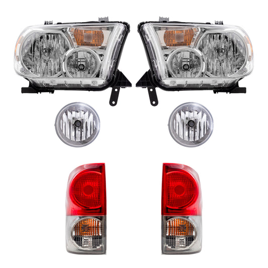 Brock Replacement Driver and Passenger Side Headlights without Level Adjuster, Fog Lights and Tail Lights 6 Piece Set Compatible with 2007-2009 Tundra