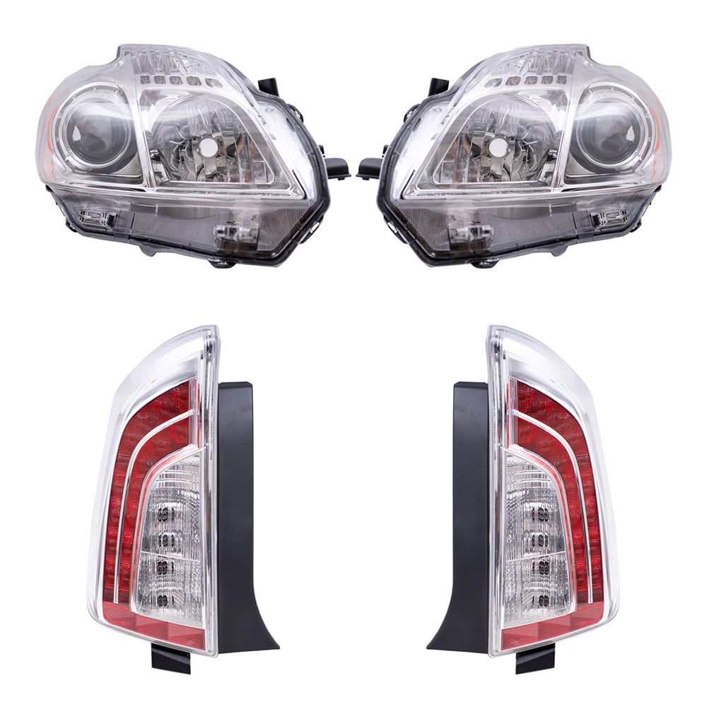Brock Replacement Driver and Passenger Side Halogen Combination Headlight Assemblies and Tail Light Assemblies 4 Piece Set Compatible with 2012-2015 Prius