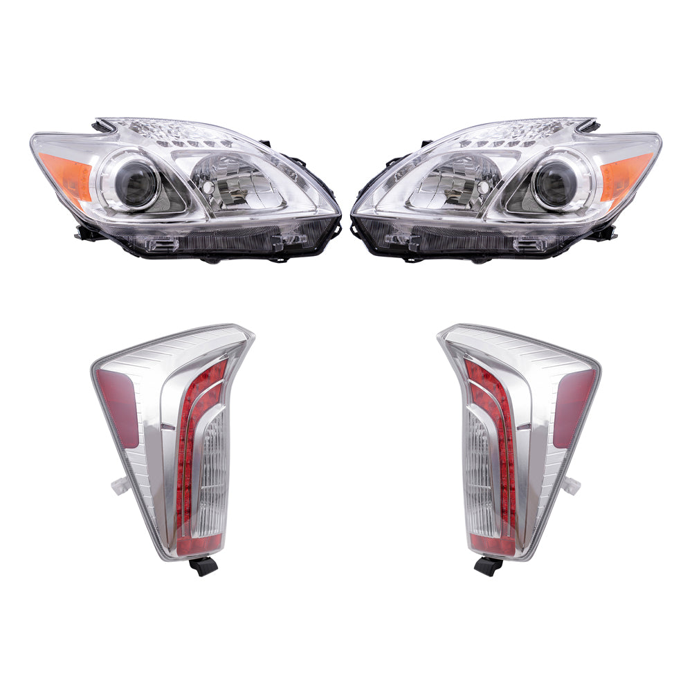 Brock Replacement Driver and Passenger Side Halogen Combination Headlight Assemblies and Tail Light Assemblies 4 Piece Set Compatible with 2012-2015 Prius