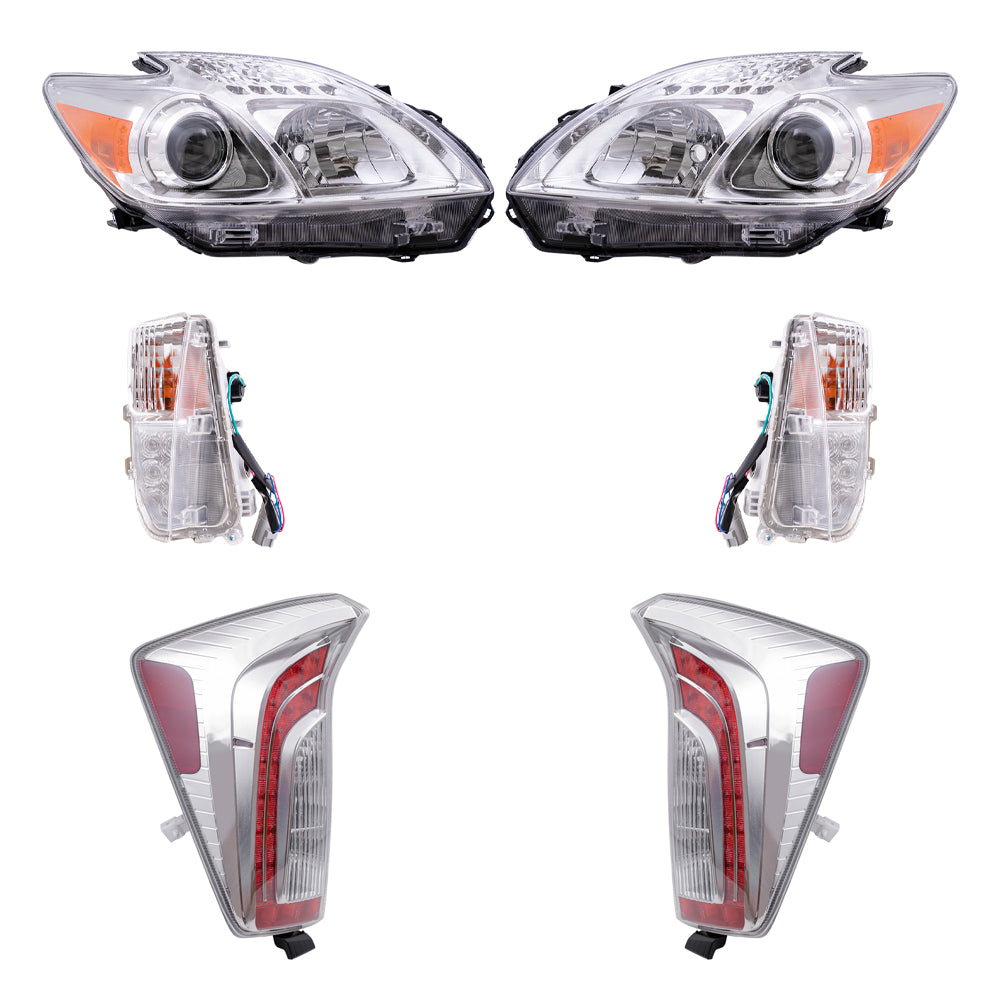 Brock Replacement Driver and Passenger Side Halogen Combination Headlight Assemblies, Turn Signal Lights and Tail Light Assemblies 6 Piece Set Compatible with 2012-2015 Prius