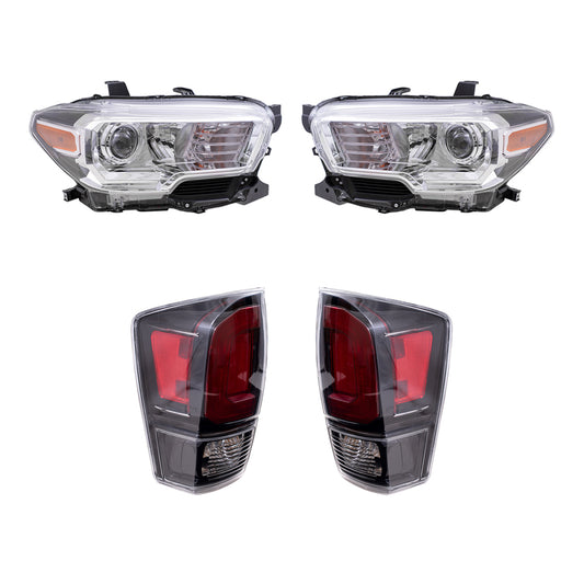 Brock Replacement Driver and Passenger Side Headlights with Fog Lights without LED Daytime Running Lights and Tail Lights with Black Bezel 4 Piece Set Compatible with 2020 Tacoma