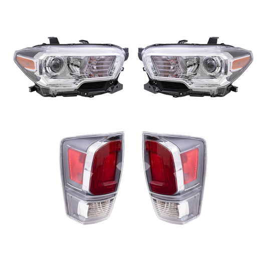 Brock Replacement Driver and Passenger Side Headlights with Fog Lights and Tail Lights without Black Bezel 4 Piece Set Compatible with 2020 Tacoma TRD Sport/TRD Off-Road