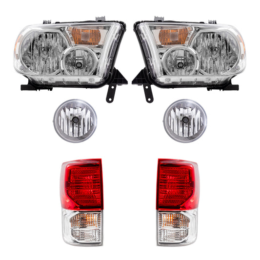 Brock Replacement Driver and Passenger Side Headlights without Level Adjuster, Fog Lights and Tail Lights 6 Piece Set Compatible with 2010-2013 Tundra