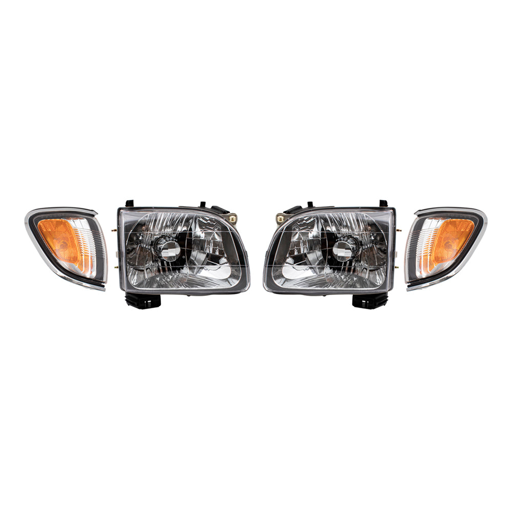 Brock Replacement 4 Pc Headlights with Chrome Trim & Signal Lights Compatible with 01-04 Tacoma