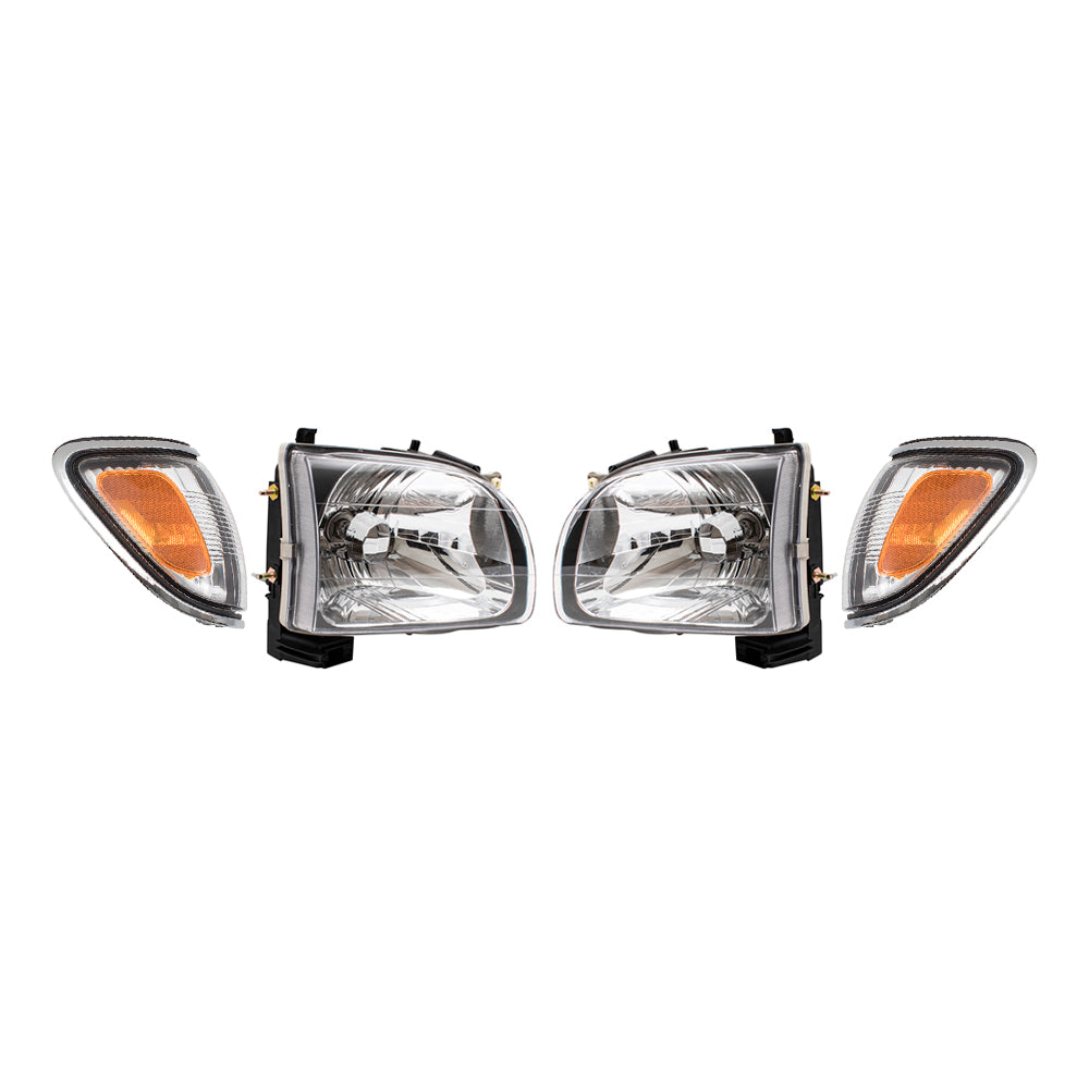 Brock Replacement 4 Pc Headlights with Chrome Trim & Signal Lights Compatible with 01-04 Tacoma
