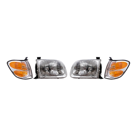 Brock Replacement Driver and Passenger Side Halogen Headlight Assemblies and Signal Light Assemblies 4 Piece Set Compatible with 2001-2004 Sequoia & 2004 Tundra Double Cab