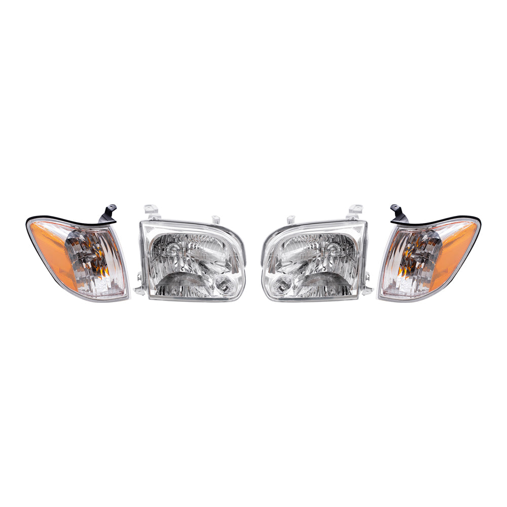 Brock Replacement Driver and Passenger Side Halogen Headlight Assemblies and Signal Light Assemblies 4 Piece Set Compatible with 2005-2007 Sequoia & 2005-2006 Tundra Double Cab