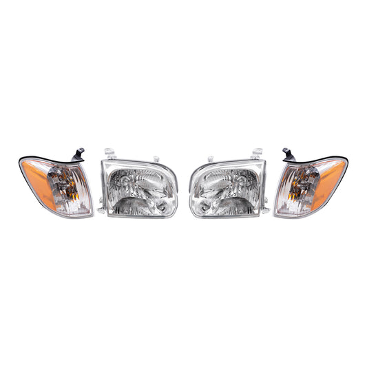 Brock Replacement Driver and Passenger Side Halogen Headlight Assemblies and Signal Light Assemblies 4 Piece Set Compatible with 2005-2007 Sequoia & 2005-2006 Tundra Double Cab