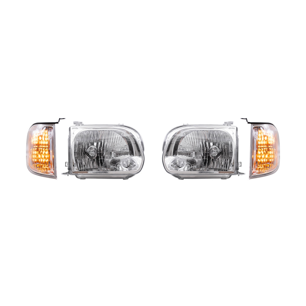 Brock Replacement Driver and Passenger Side Halogen Headlight Assemblies and Signal Light Assemblies 4 Piece Set Compatible with 2005-2007 Sequoia & 2005-2006 Tundra Double Cab