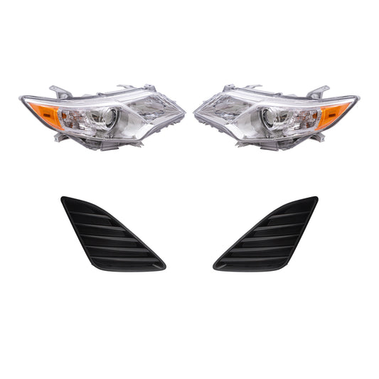 Brock Replacement Driver and Passenger Side Halogen Combination Headlights with Chrome Bezel and Black Fog Light Hole Covers 4 Piece Set Compatible with 2012-2014 Camry L/LE/XLE & 12-14 Camry Hybrid
