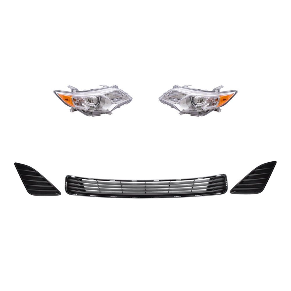 Brock Replacement Driver and Passenger Side Headlights with Chrome Bezel, Black Fog Light Hole Covers and Front Lower Center Bumper Grille 5 Pc Set Compatible with 2012-2014 Camry L/LE/XLE
