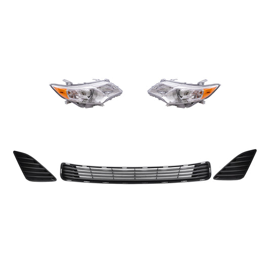 Brock Replacement Driver and Passenger Side Headlights with Chrome Bezel, Black Fog Light Hole Covers and Front Lower Center Bumper Grille 5 Pc Set Compatible with 2012-2014 Camry L/LE/XLE