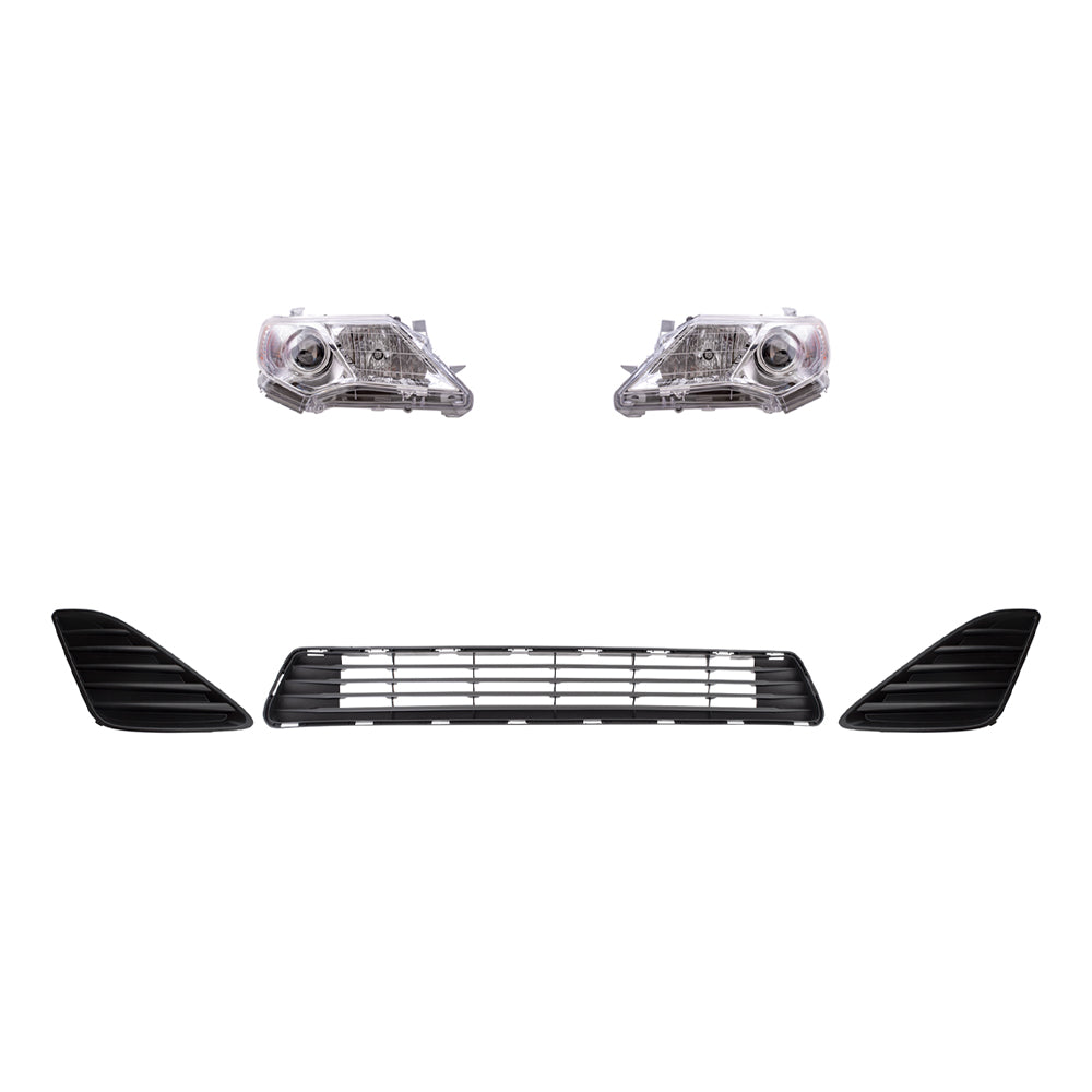 Brock Replacement Driver and Passenger Side Headlights with Chrome Bezel, Black Fog Light Hole Covers and Front Lower Center Bumper Grille 5 Pc Set Compatible with 2012-2014 Camry L/LE/XLE