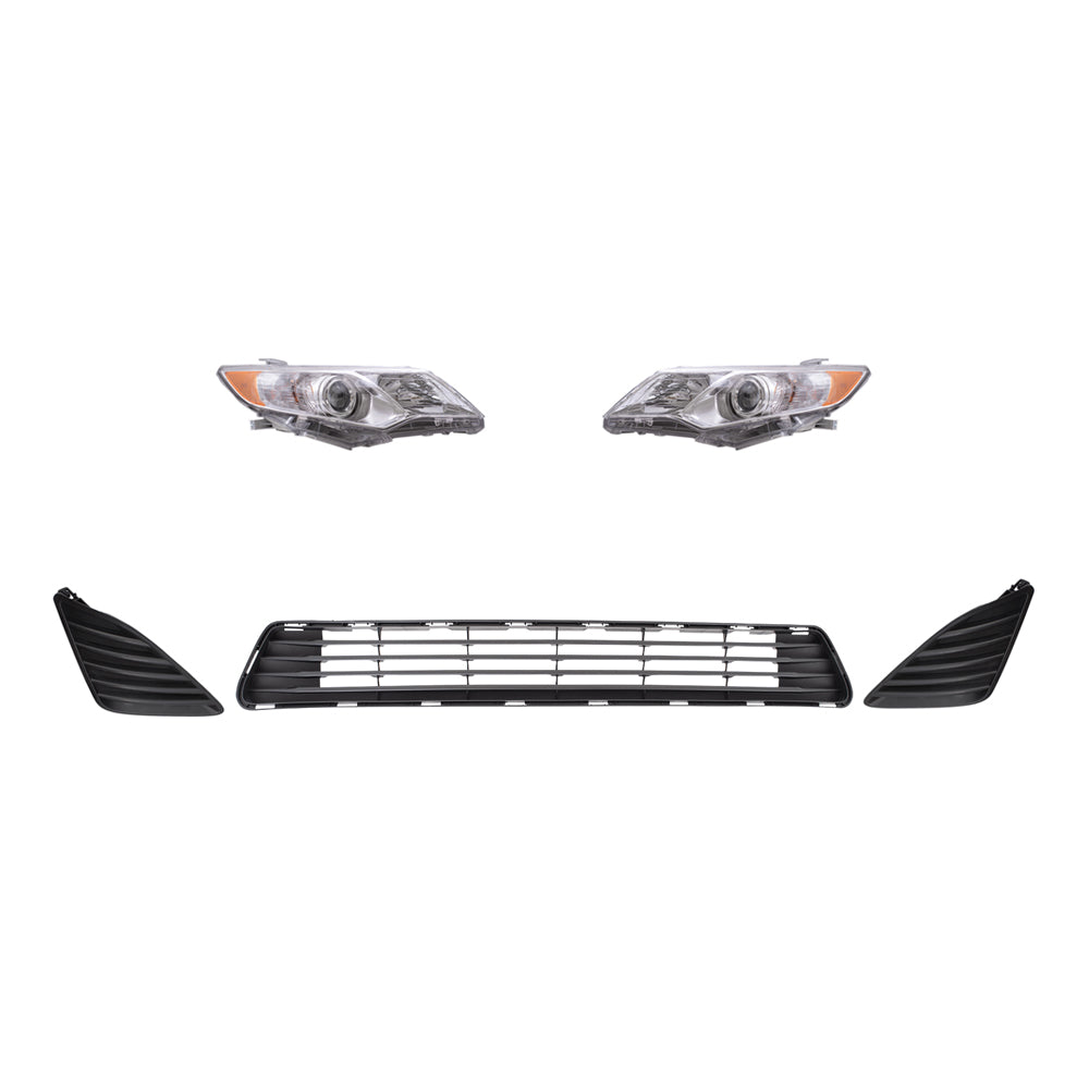 Brock Replacement Driver and Passenger Side Headlights with Chrome Bezel, Black Fog Light Hole Covers and Front Lower Center Bumper Grille 5 Pc Set Compatible with 2012-2014 Camry L/LE/XLE