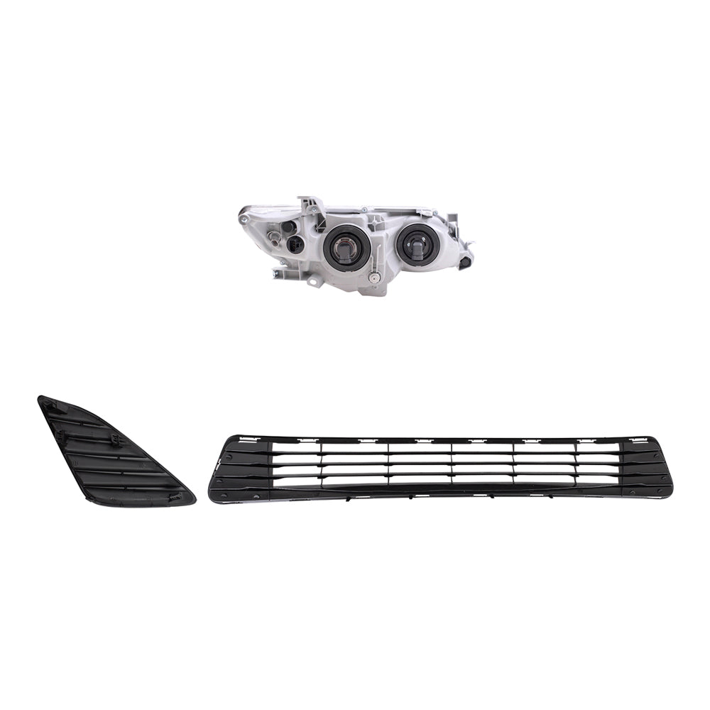 Brock Replacement Driver and Passenger Side Headlights with Chrome Bezel, Black Fog Light Hole Covers and Front Lower Center Bumper Grille 5 Pc Set Compatible with 2012-2014 Camry L/LE/XLE