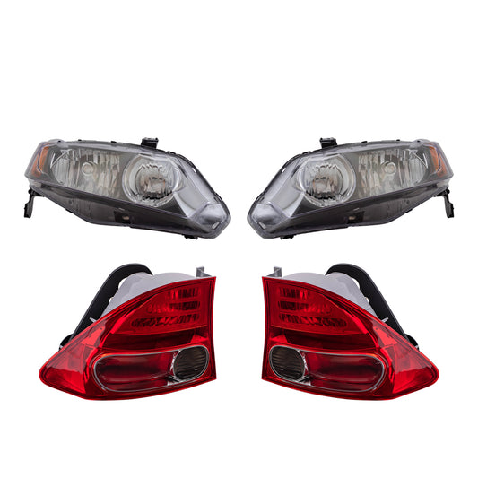 Brock Replacement Halogen Headlights with Tail Lights Compatible with 2006 2007 2008 Civic Sedan 1.8L 2.0L