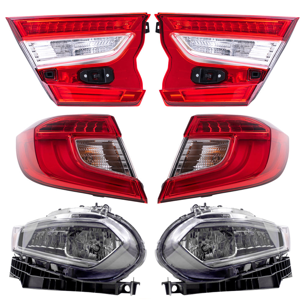 Brock 7222-0061LRC6 Tail Light & Headlight Assembly 6 Piece Set Compatible With 2018-2022 Honda Accord Touring Sedan 2021-2022 Honda Accord Hybrid Touring