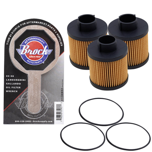 Brock Replacement 3 Pc Oil Filters with Wrench Tool Set Kit Compatible with 2004-2008 Gallardo Spyder Coupe Superleggera SE Base Nera 07L115561C