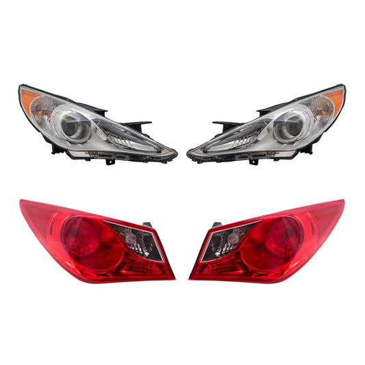 Brock Replacement Halogen Headlights with Tail Lights Compatible with 2011 2012 2013 2014 Sonata