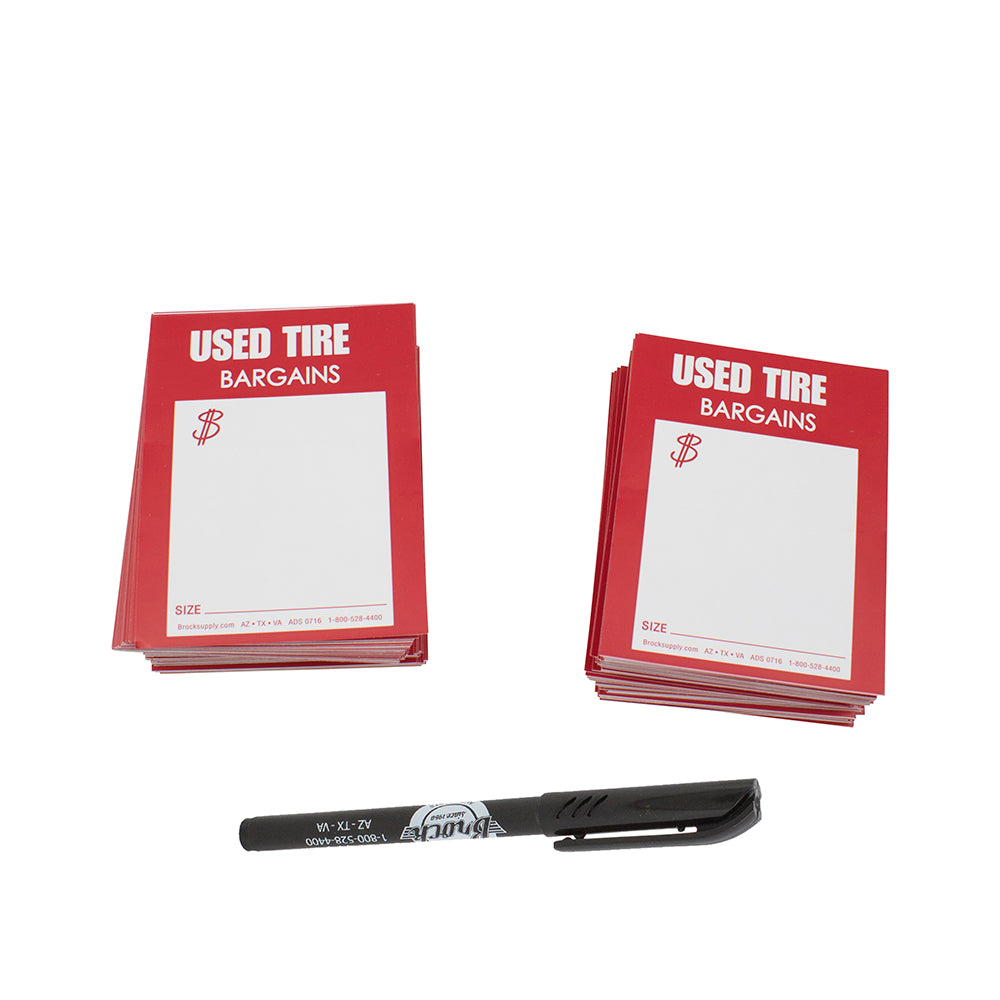 500 Piece Box Set STAPLE ON or TAPE ON Used Tire Tag Sales Labels Red & White 4" x 5 1/8" w/ Brockmark Marker for Auto Tire Retail Shops