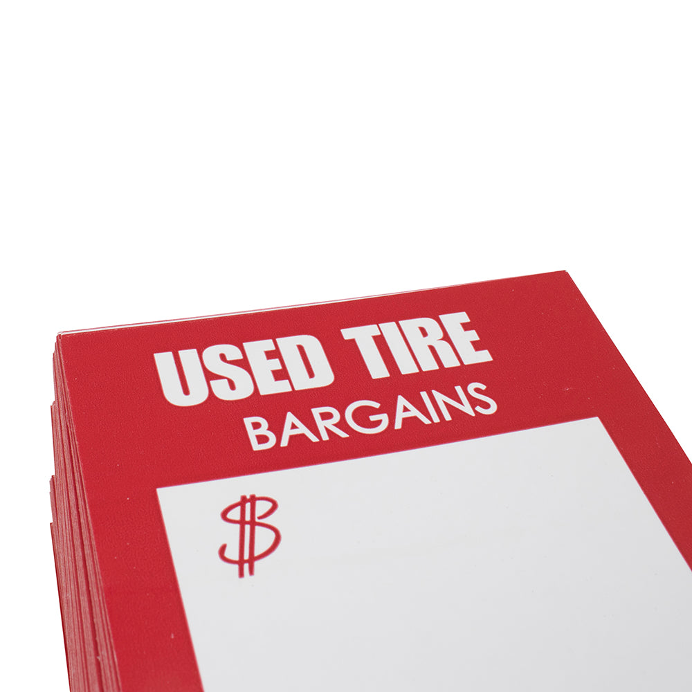 500 Piece Box Set STAPLE ON or TAPE ON Used Tire Tag Sales Labels Red & White 4" x 5 1/8" w/ Brockmark Marker for Auto Tire Retail Shops