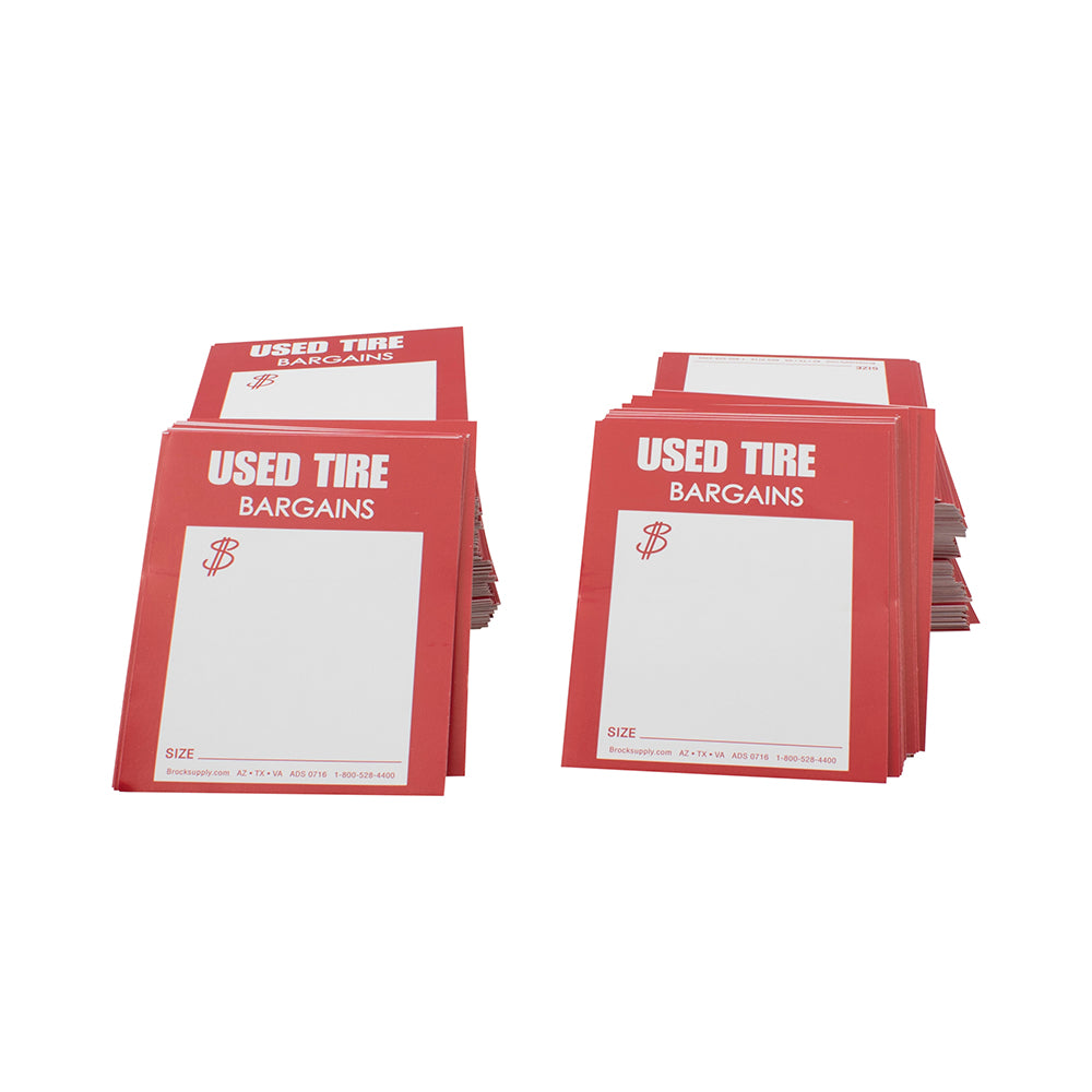 500 Piece Box Set STAPLE ON or TAPE ON Used Tire Tag Sales Labels Red & White 4" x 5 1/8" w/ Brockmark Marker for Auto Tire Retail Shops