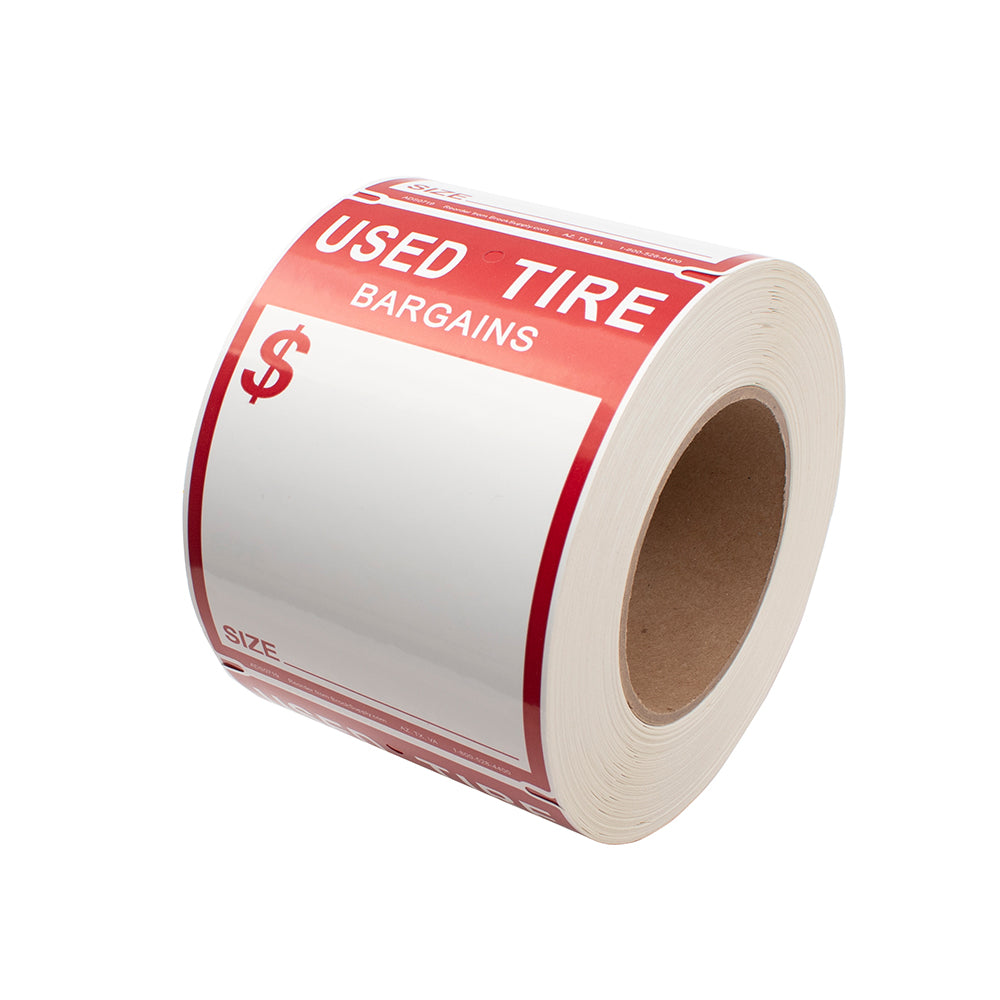 500 Pc Roll Adhesive Used Tire Tag Weather Resistant Polysteel Sticker Label 4" x 5 1/2" Red & White w/ Marker for Auto Tire Repair Retail Shop