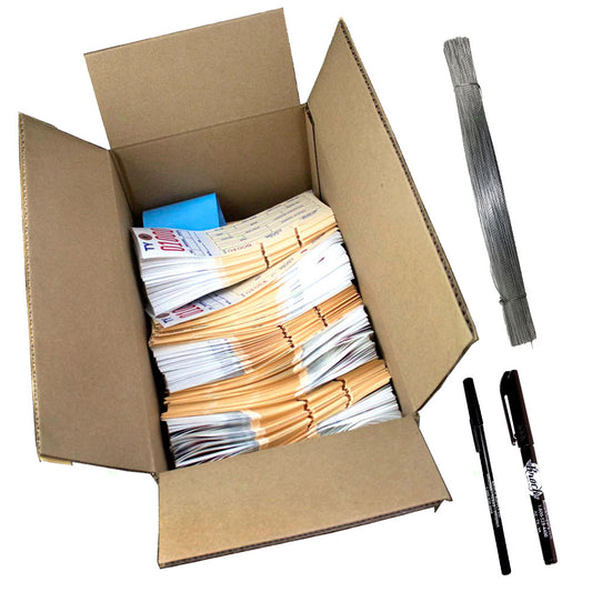 1000 Pc Box 2-Part Notched Inventory Tags 8 1/4" x 3" Reinforced Metal Eyelet w/ Wire, Laundry Pen & Brockmark Marker