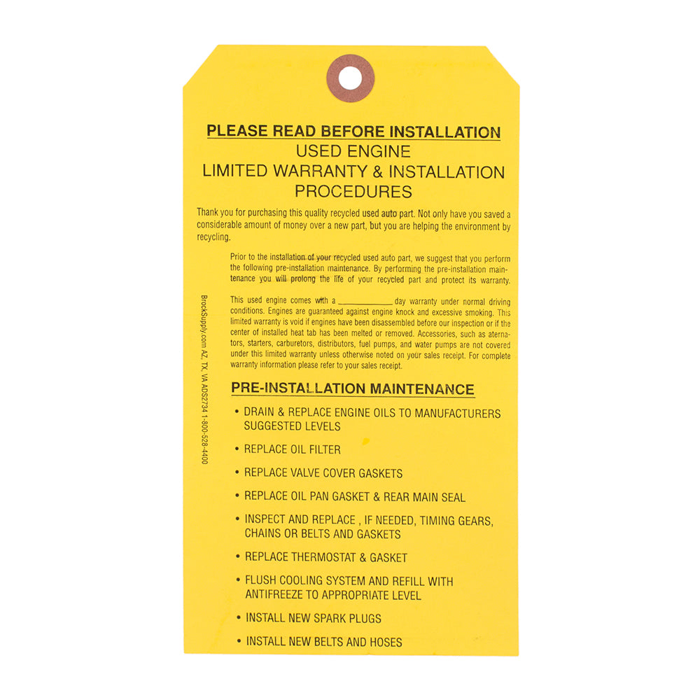 500 Pc Box Used Engine Tags 7 1/4" x 4" Yellow Heavy Card Stock w/ Reinforced Eyelet Recycled Label Notice Directions & Wire Kit
