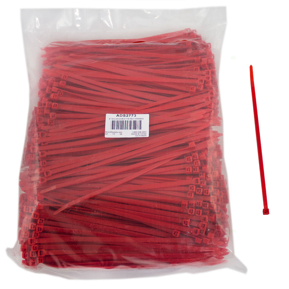 Brock 1000 Pc Bag Red Nylon 8" Cable Zip Ties Self Locking Head UV Heat Resistant Outdoor Indoor for Bundling Tag Hold Wires Cords Crafts