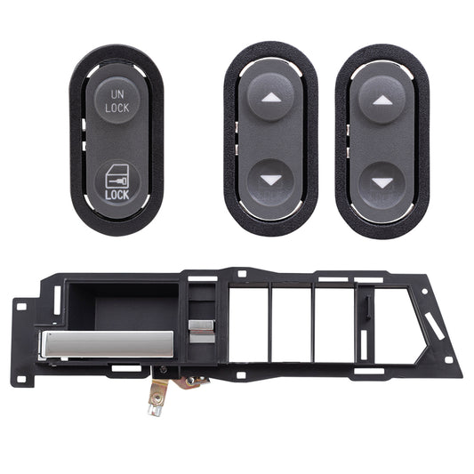 Brock ADS2830LC4 Inside Door Handle With Black Base/Chrome Lever With Power Window & Power Lock Switches 4 Piece Set Compatible With 1990-1994 GM C/K Pickup