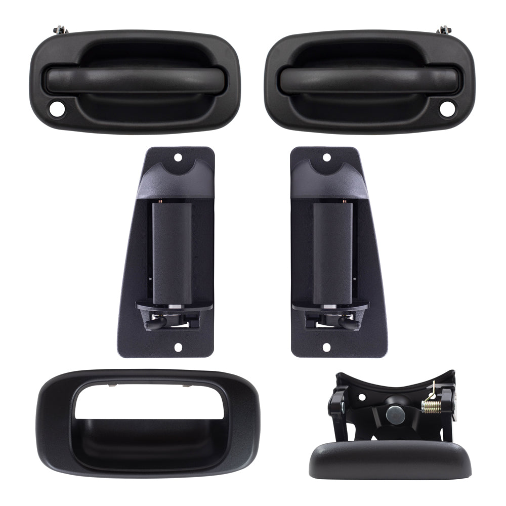 Brock Replacement Front and Rear Outside Door Handles, Tailgate Handle and Tailgate Handle Bezel 6 Piece Set Compatible with 1999-2007 Silverado & 1999-2007 Sierra Extended Cab ONLY