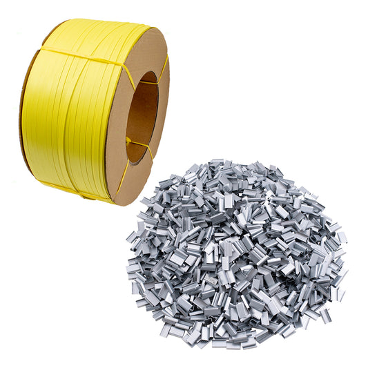 Brock Polystrap Banding Coil Yellow Roll & Box of 2000 Open Seal Buckles Set for Shipping Storage Warehouse Industrial