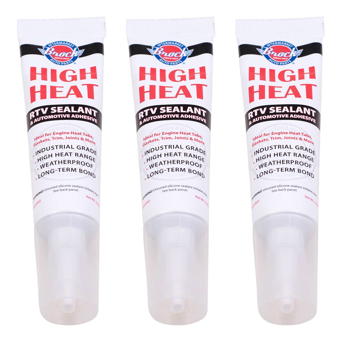 Brock High Heat RTV Sealant & Automotive Adhesive – Industrial Grade Silicone for Heat Tabs, Gaskets, and More – 2.8 oz Tube - 3 Pack