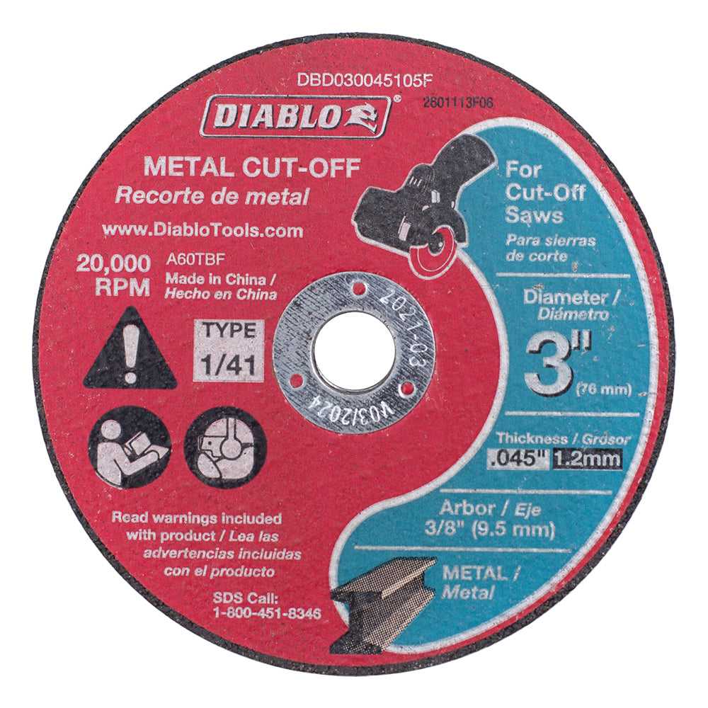 3 Inch Metal Cut Off Disc .045 Inch Thick 3/8 Inch / 9.5mm Arbor - Type 1 Hub - Thin Kerf Design - Premium Aluminum Oxide Blend for Use on Metal Materials and 20,000 Max RPM 5 Pack