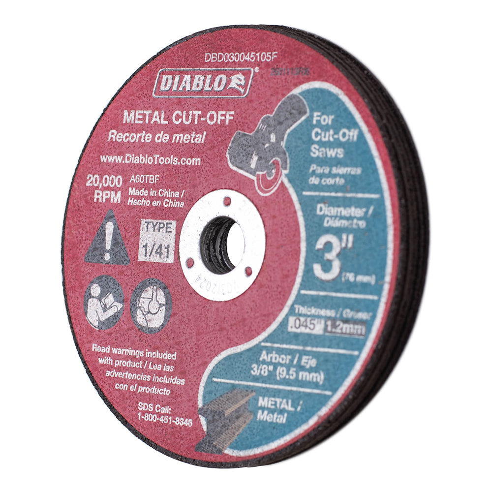 3 Inch Metal Cut Off Disc .045 Inch Thick 3/8 Inch / 9.5mm Arbor - Type 1 Hub - Thin Kerf Design - Premium Aluminum Oxide Blend for Use on Metal Materials and 20,000 Max RPM 5 Pack