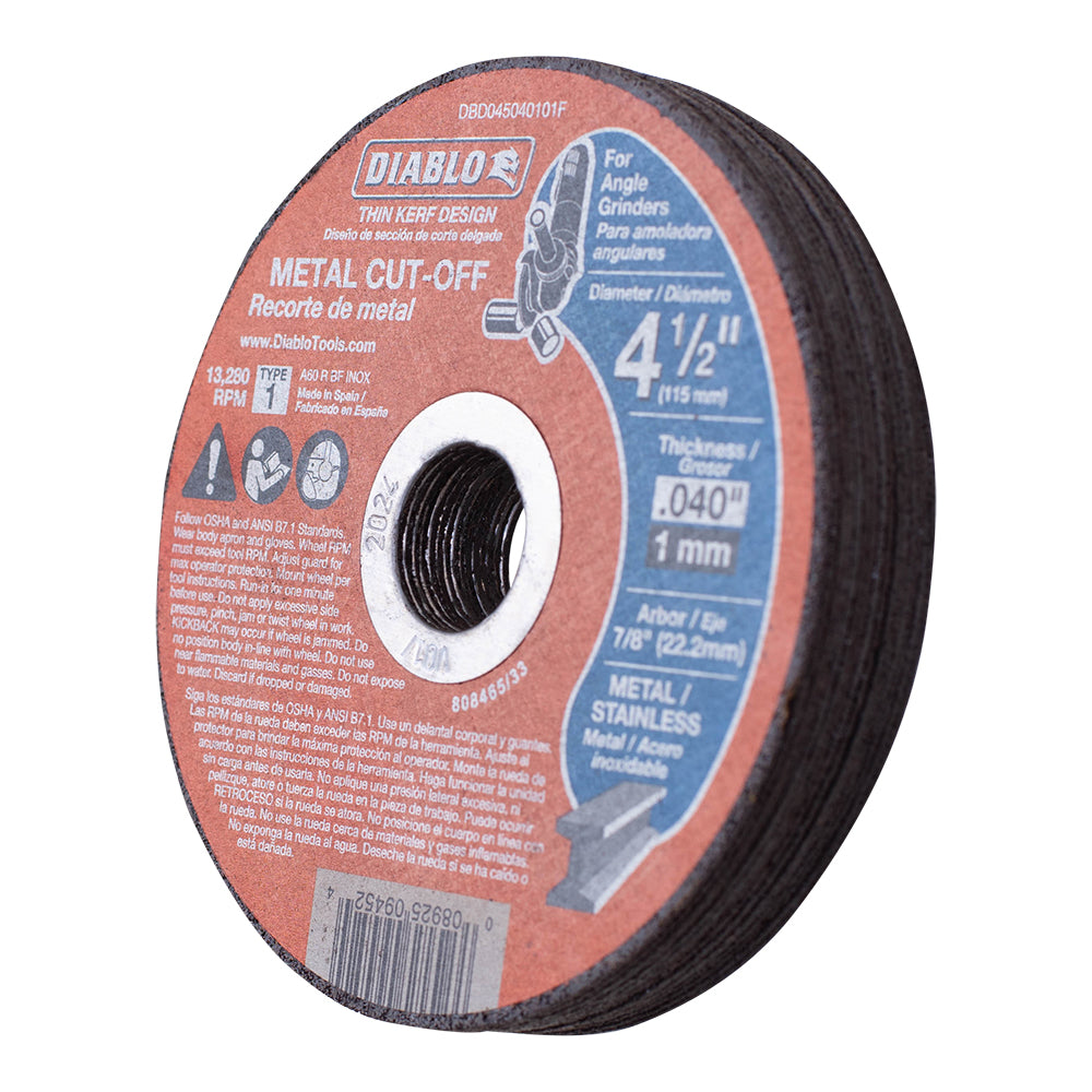 4 1/2 Inch Metal Cut Off Disc .040 Inch Thick 7/8 Inch Arbor / 22.2mm - Type 1 Hub - Thin Kerf Design - Premium Aluminum Oxide Blend for Use on Metal Materials and 13,280 Max RPM 15 Pack