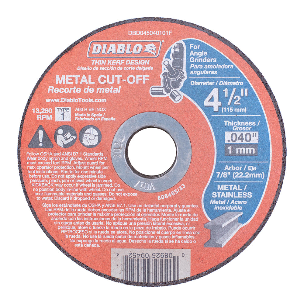 4 1/2 Inch Metal Cut Off Disc .040 Inch Thick 7/8 Inch Arbor / 22.2mm - Type 1 Hub - Thin Kerf Design - Premium Aluminum Oxide Blend for Use on Metal Materials and 13,280 Max RPM 15 Pack