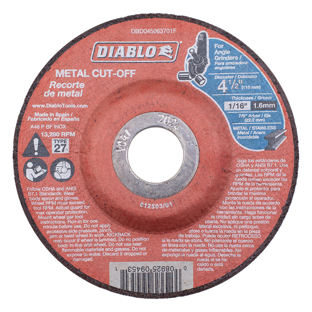 4 1/2 Inches Metal Cut Off Disc .0625 Inches Thick - 7/8 Inches Arbor / 22.2mm -Type 27 Hub - Premium Aluminum Oxide Blend for Use on Metal Materials - 13,280 Max RPM 10 Pack