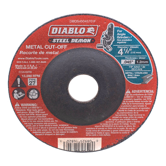 4 1/2 Inch Metal Cut Off Disc .045 Thick 7/8 Inch / 22.2mm Arbor - Type 27 Hub - Premium Ceramic Blend for Use on Metal Materials and 13,280 Max RPM 1 Pack