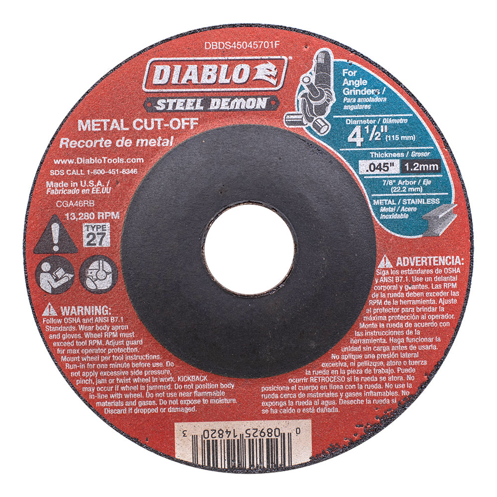 4 1/2 Inch Metal Cut Off Disc .045 Thick 7/8 Inch / 22.2mm Arbor - Type 27 Hub - Premium Ceramic Blend for Use on Metal Materials and 13,280 Max RPM 1 Pack