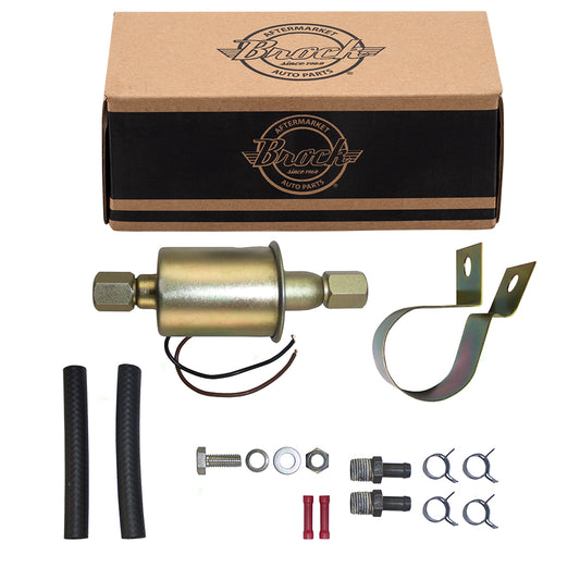 Brock Replacement Universal 12 Volt Electric Fuel Pump w/ Installation Kit Inline Type 5-9 PSI 3/8 Inlet & Outlet Compatible with Carbureted Models E8090 SP1141