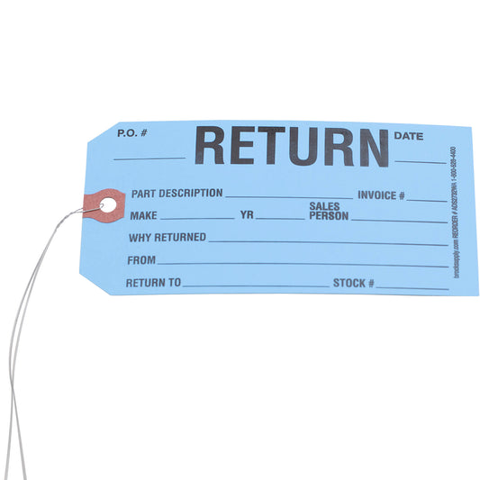 Brock ‘RETURN’ Parts Tag With Wire Attached - 5 3/4 Inch x 2 7/8 Inch Powder Blue Heavy Card Stock With Reinforced Eyelet - Includes Pen- 250 Tags Per Box ADS2732WA
