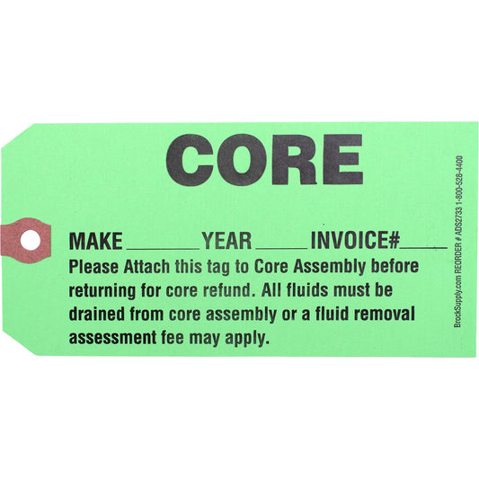 Brock ‘CORE’ Parts Tag - 5 3/4 Inch x 2 7/8 Inch Bright Green Heavy Card Stock With Reinforced Eyelet - 250 Tags Per Box ADS2733