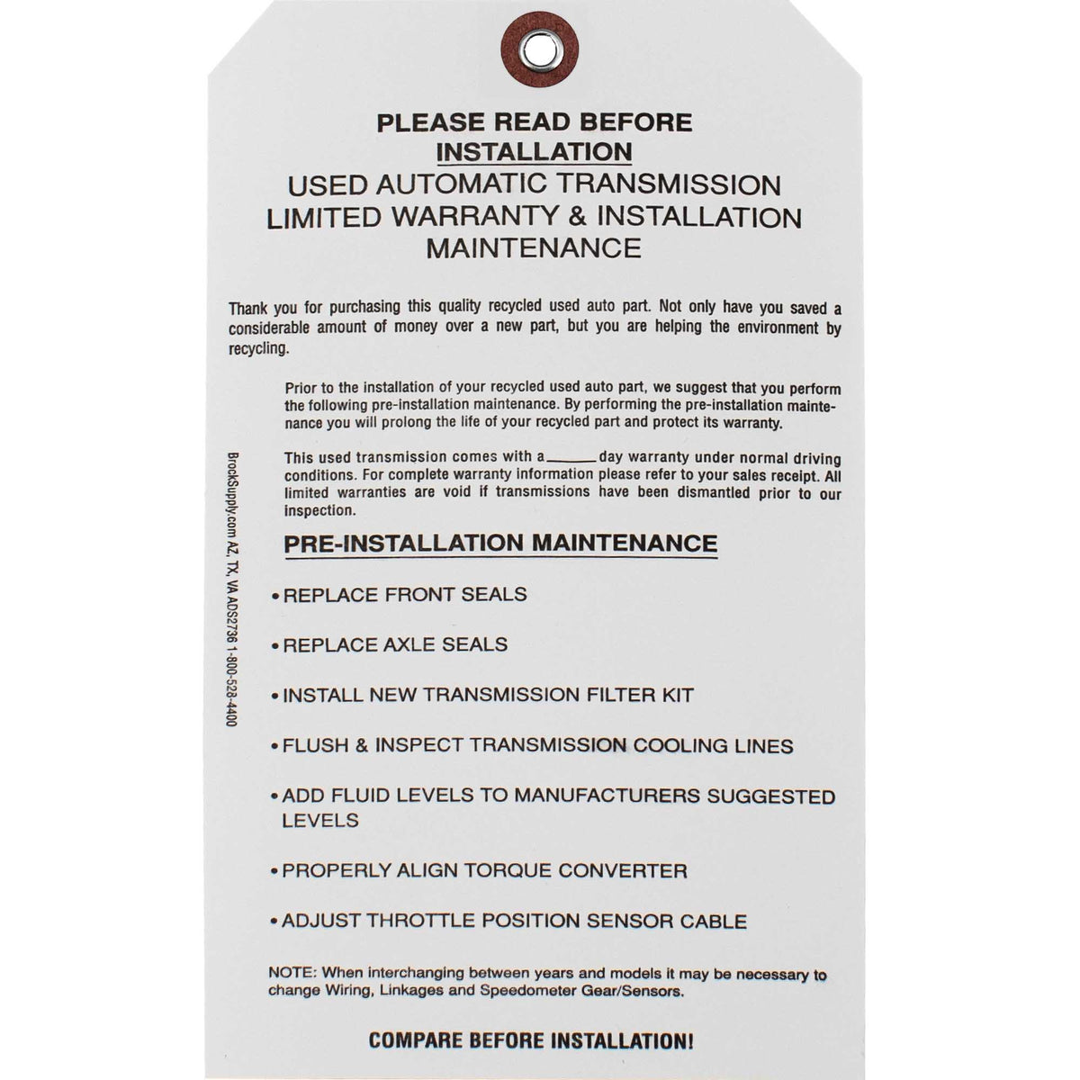 Brock ‘Used Automatic Transmission Limited Warranty & Installation Maintenance’ Parts Tag 7 1/4 Inch x 4 Inch White Heavy Card Stock With Reinforced Eyelet - 500 Tags Per Box ADS2736