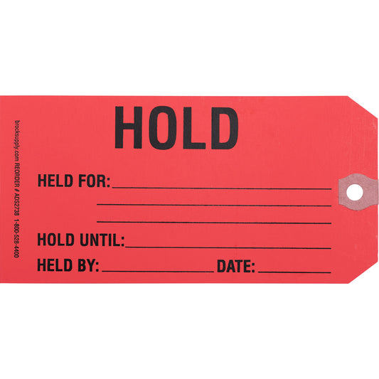 Brock ‘HOLD’ Parts Tag - 5 3/4 Inch x 2 7/8 Inch Red Heavy Card Stock With Reinforced Eyelet - 250 Tags Per Box ADS2738