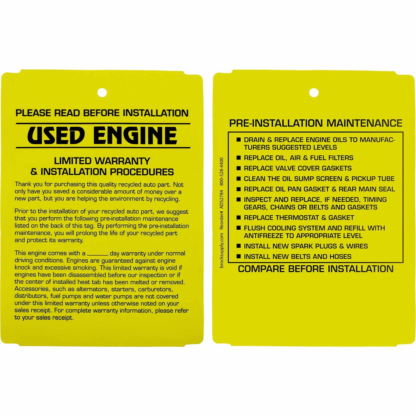 250 Pc Box Yellow Used Engine Pre-Installation Tags 4" x 5 1/2" High Strength Polysteel Weather Proof for Auto Shop Repair Salvage