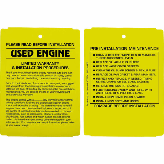 250 Pc Box Yellow Used Engine Pre-Installation Tags 4" x 5 1/2" High Strength Polysteel Weather Proof for Auto Shop Repair Salvage
