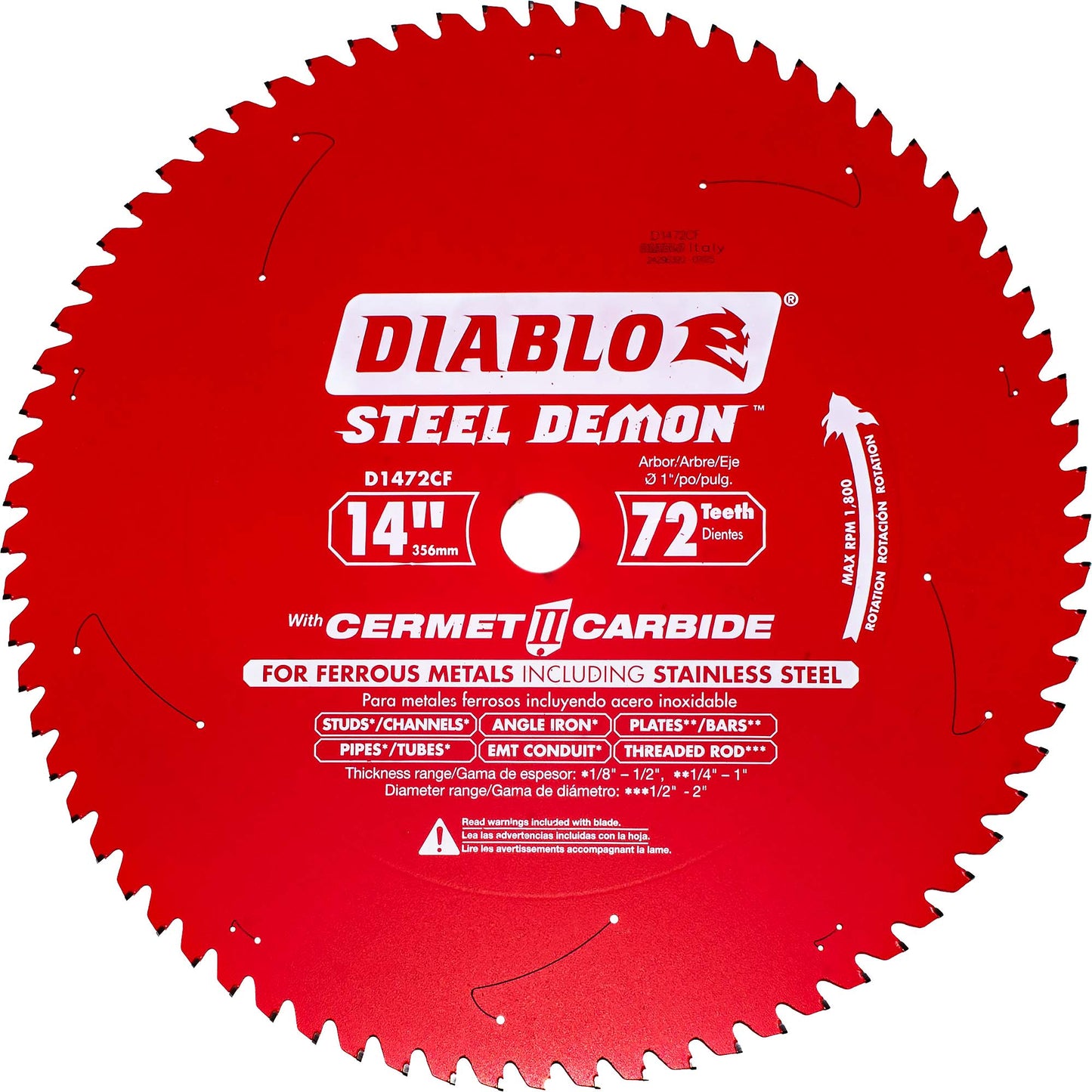 Diablo D1472CF 14 Inch x 72-Tooth 1 Inch Arbor Steel Demon Cermet II Metal Cutting Saw Blade for 1800 Max. RPM Saw