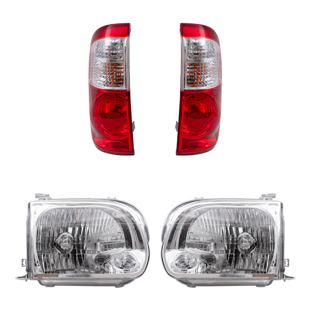 Brock Replacement Driver and Passenger Side Halogen Headlight Assemblies and Tail Light Assemblies 4 Piece Set Compatible with 2005-2006 Tundra Double Cab with Standard Bed